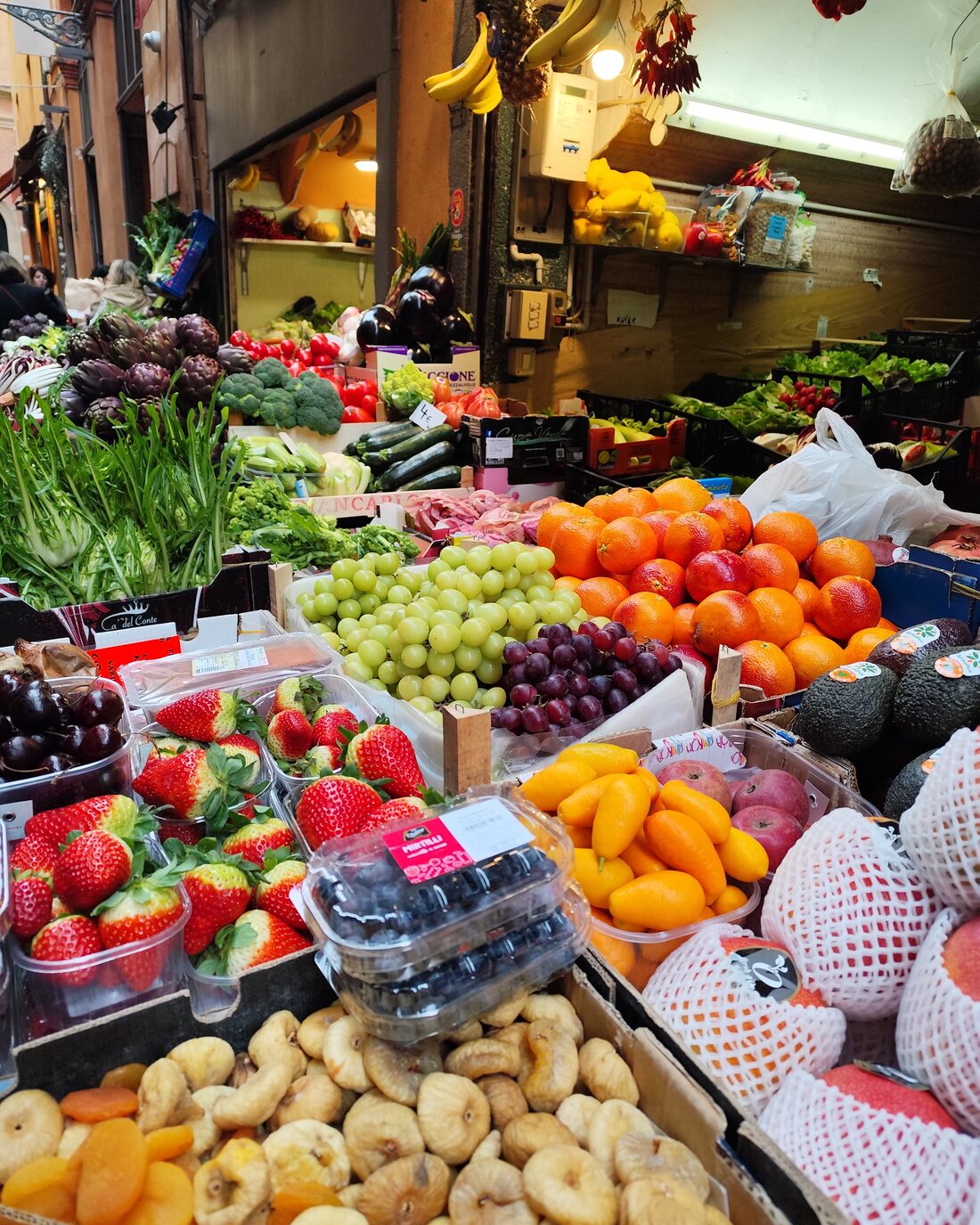 A fruit and vegetable stall at an Umbrian market